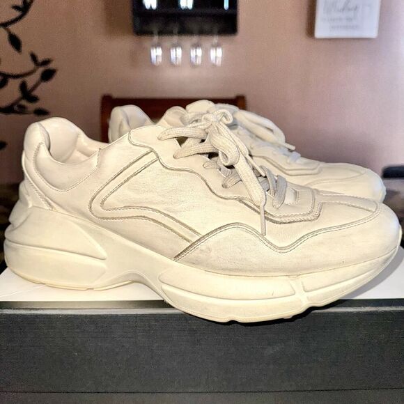 Gucci Rython Men's Distressed Logo Leather Sneakers in Cream - Picture 9 of 14